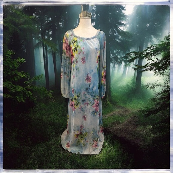 Fairy Godmother Dress - Floral Blue Chiffon Maxi Dress Size X/XL - Picture 10 of 10